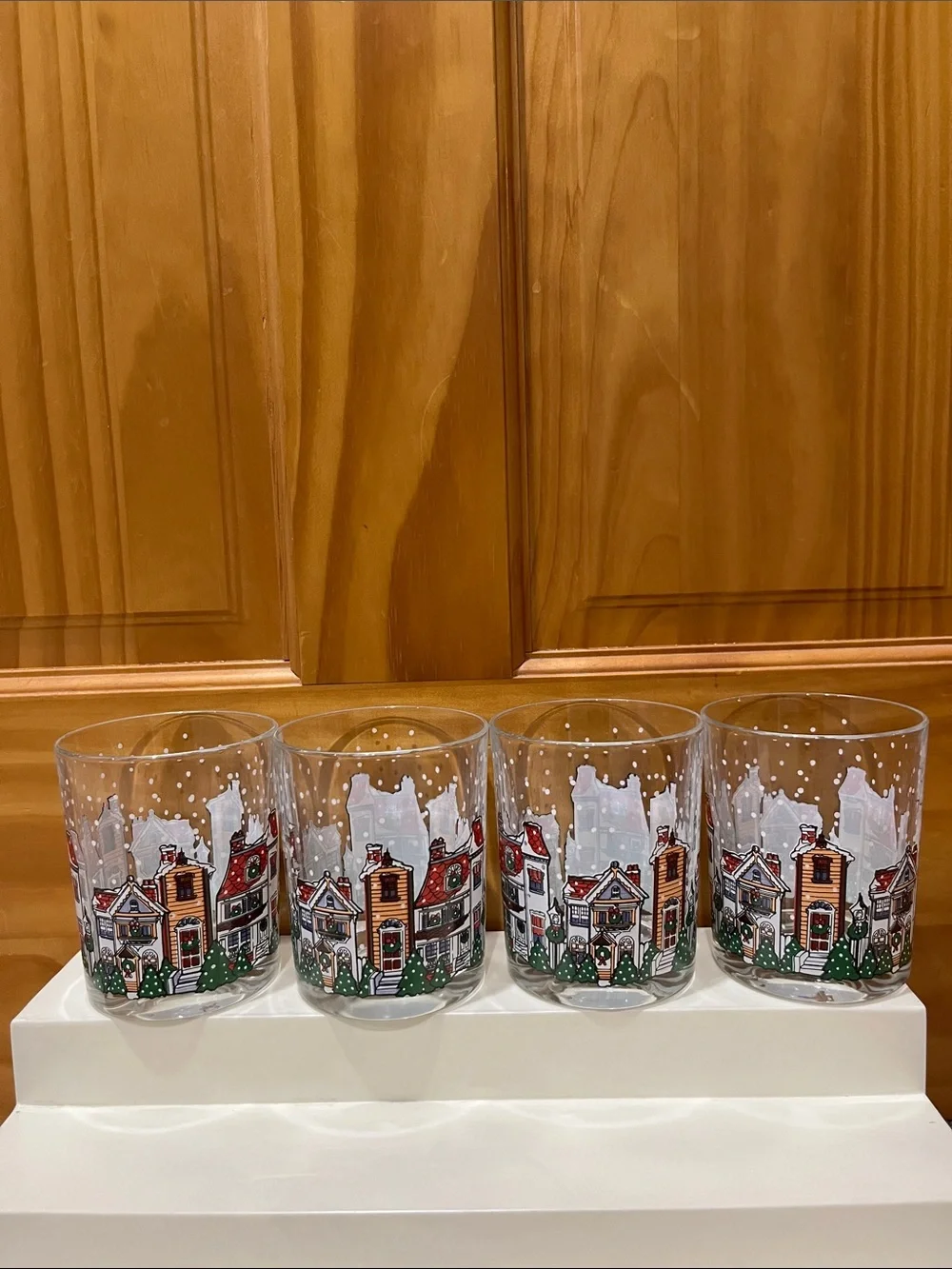 Holiday Village Glass Tumbler Set - 4 Decorative 12 oz Tumblers